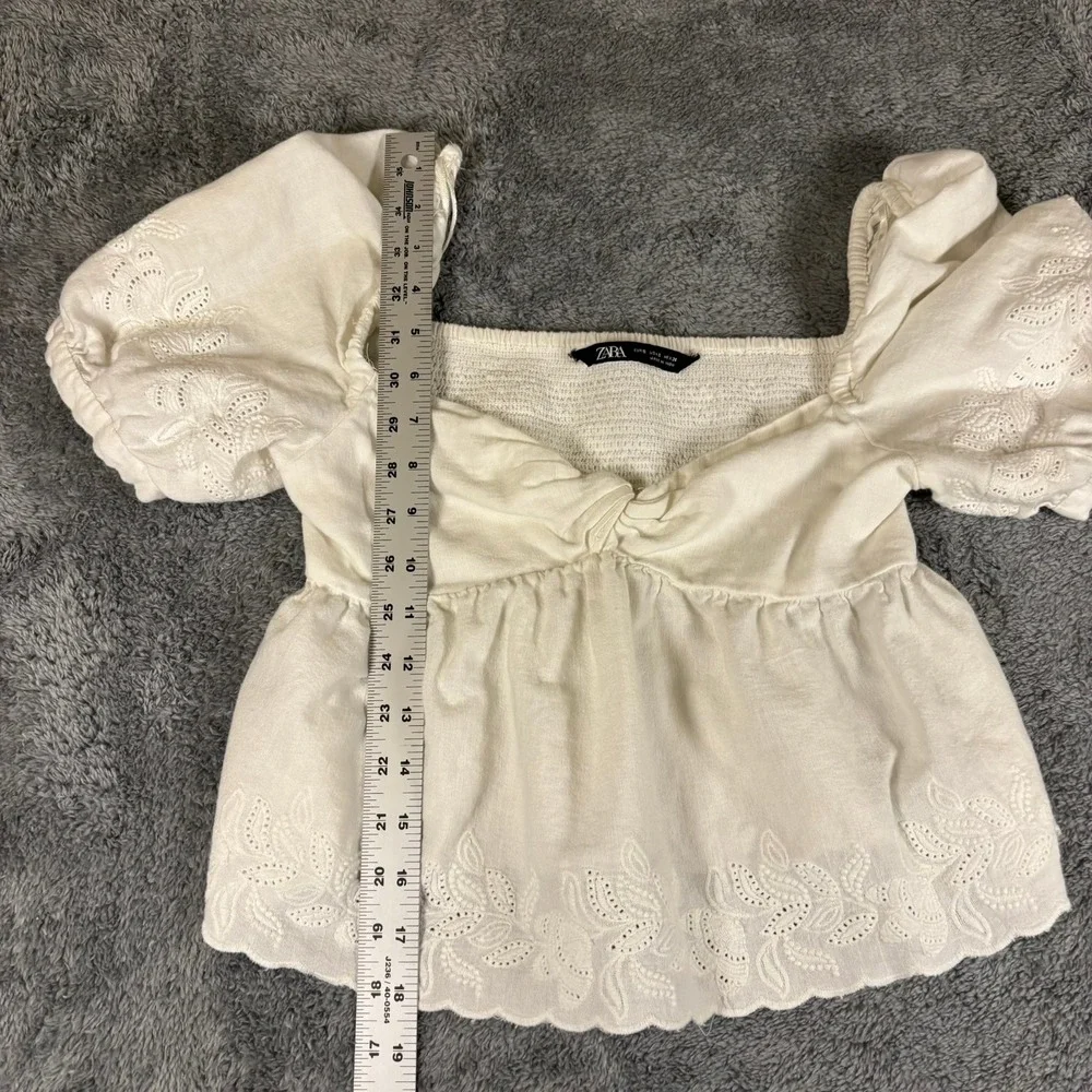 Zara White Eyelet Embroidered Linen Blend Puff Sleeve Crop Top Small